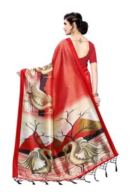 Red printed art silk saree with blouse 4