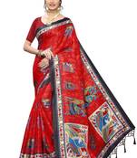 Red printed art silk saree with blouse