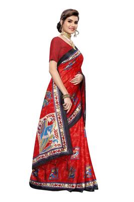 Red printed art silk saree with blouse 3