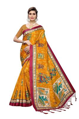 Yellow printed art silk saree with blouse 1