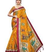 Yellow printed art silk saree with blouse