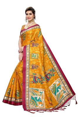Yellow printed art silk saree with blouse 2