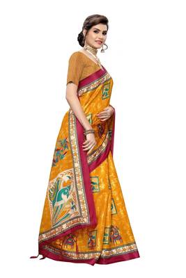 Yellow printed art silk saree with blouse 3