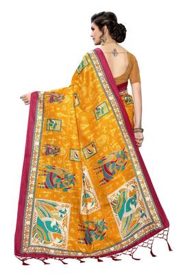 Yellow printed art silk saree with blouse 4