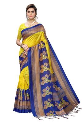 Yellow printed art silk saree with blouse 1