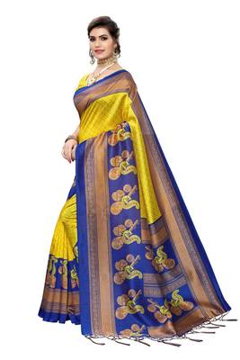 Yellow printed art silk saree with blouse 2
