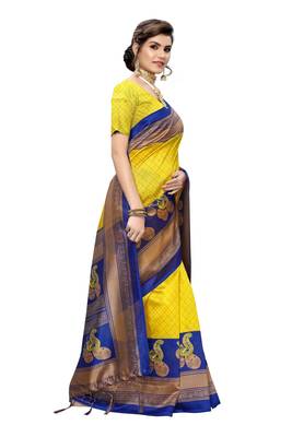 Yellow printed art silk saree with blouse 3