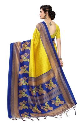 Yellow printed art silk saree with blouse 4