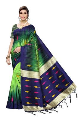 Green printed art silk saree with blouse 1
