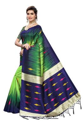 Green printed art silk saree with blouse 2