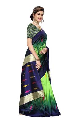 Green printed art silk saree with blouse 3