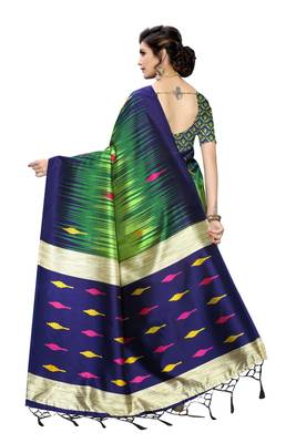 Green printed art silk saree with blouse 4