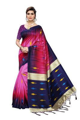 Pink printed art silk saree with blouse 1