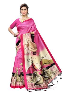 Pink printed art silk saree with blouse 1