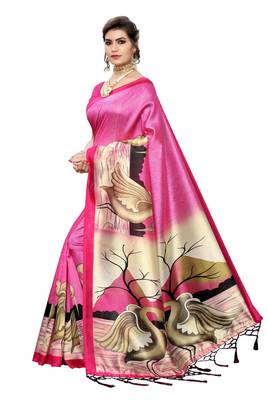 Pink printed art silk saree with blouse 2
