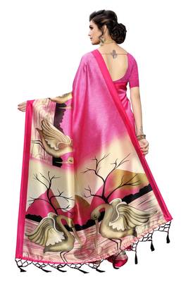 Pink printed art silk saree with blouse 4