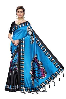 Blue printed art silk saree with blouse 1