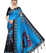 Blue printed art silk saree with blouse