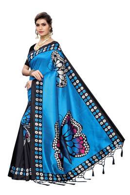 Blue printed art silk saree with blouse 2