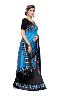Blue printed art silk saree with blouse 3