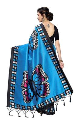Blue printed art silk saree with blouse 4