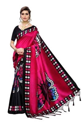 Pink printed art silk saree with blouse 1