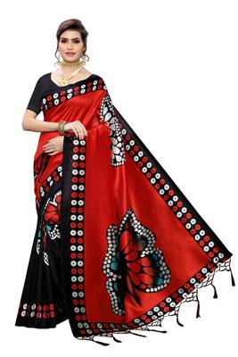 Red printed art silk saree with blouse 1