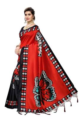 Red printed art silk saree with blouse 2