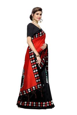 Red printed art silk saree with blouse 3