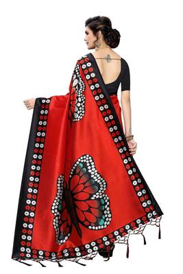 Red printed art silk saree with blouse 4