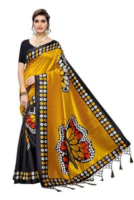 Yellow printed art silk saree with blouse 1