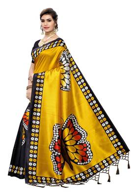 Yellow printed art silk saree with blouse 2