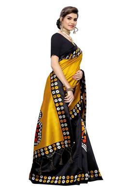 Yellow printed art silk saree with blouse 3