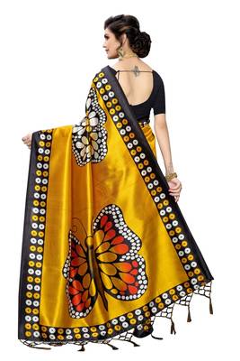 Yellow printed art silk saree with blouse 4