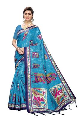 Blue printed art silk saree with blouse 1