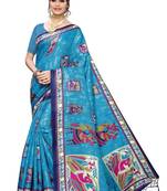 Blue printed art silk saree with blouse
