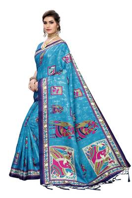 Blue printed art silk saree with blouse 2