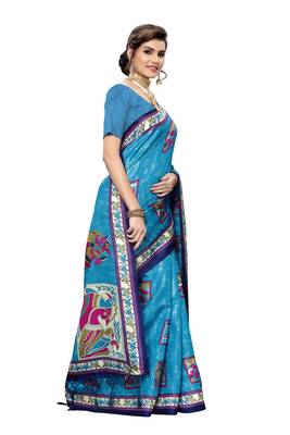 Blue printed art silk saree with blouse 3