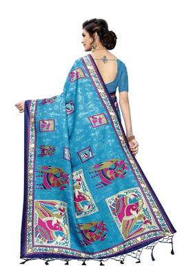 Blue printed art silk saree with blouse 4