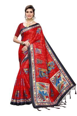 Red printed art silk saree with blouse 1