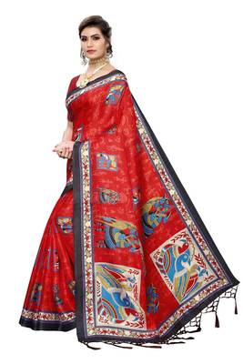 Red printed art silk saree with blouse 2