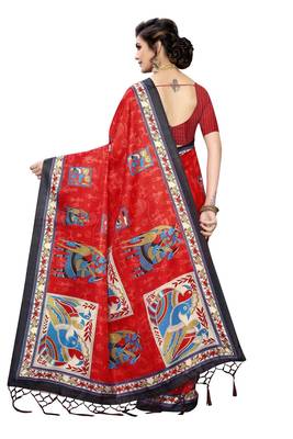 Red printed art silk saree with blouse 4