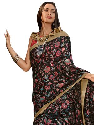 Black printed cotton poly saree with blouse 2