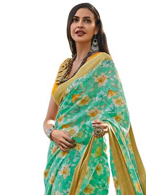 Green printed cotton poly saree with blouse 2