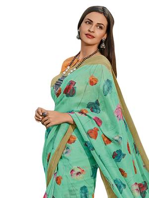 Green printed cotton poly saree with blouse 2