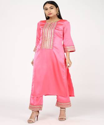 Pink Sattin Emroided Kurti With Trousers 1