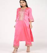 Pink Sattin Emroided Kurti With Trousers