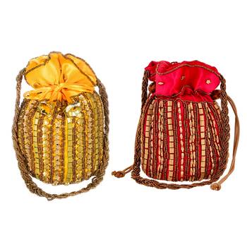 Designer Potli Bag with Beadwork For Women Magenta and Yellow Set of 2 1