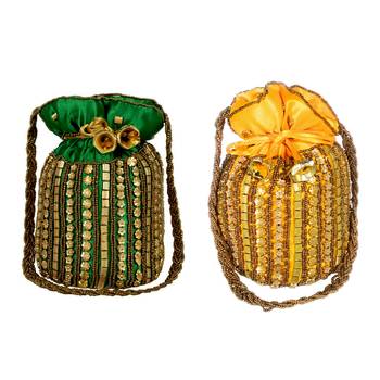 Designer Potli Bag with Beadwork For Women Green and Yellow Set of 2 1