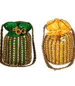Designer Potli Bag with Beadwork For Women Green and Yellow Set of 2